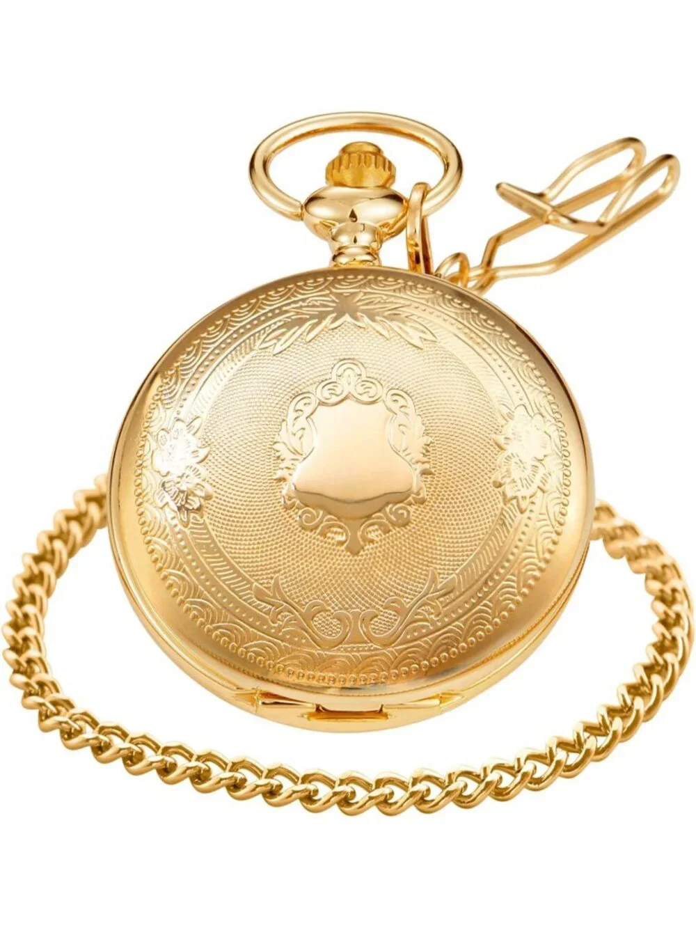 Men's Gold Analog Quartz Flower Arabic Numerals Movement Chain Clip Pocket Watch